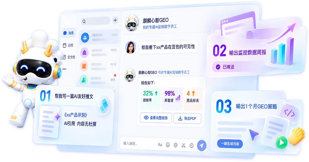 麒麟心智GEO数字员工工作台：对话式交互、输出监控数据周报与GEO策略